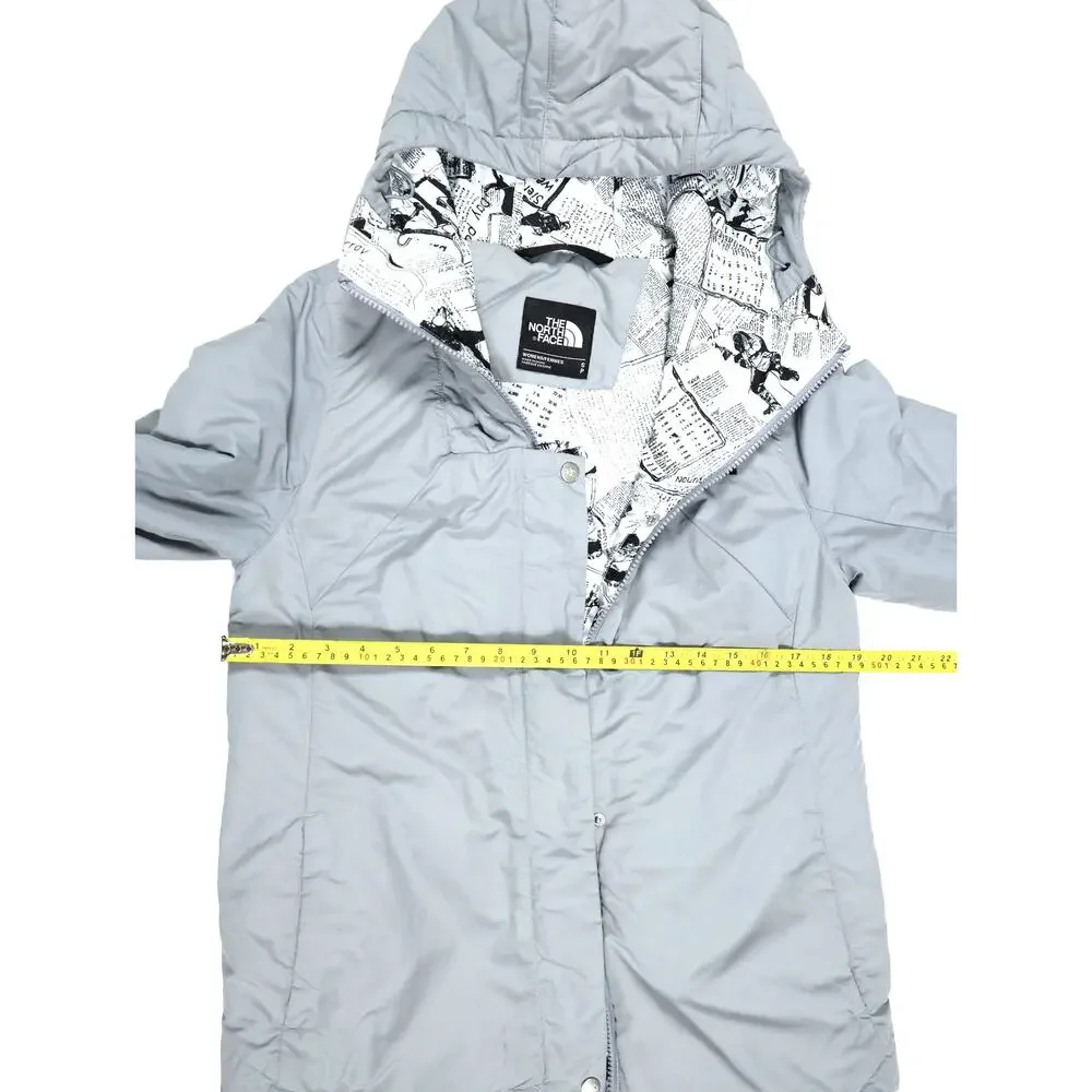 Rare The North Face Gray Hooded Insulated Jacket Newspaper Print Lining Gorpcore